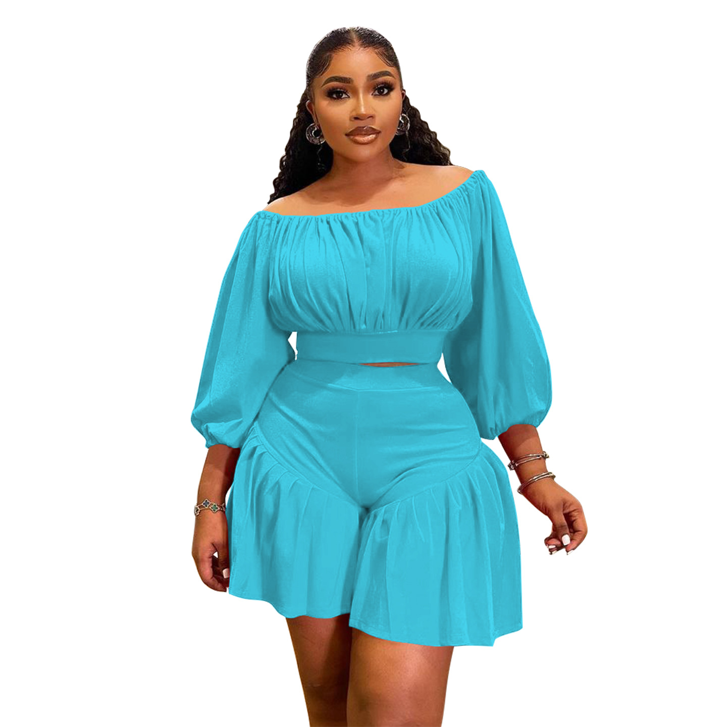 350g Weight Long Sleeve Sleeve Length Spandex, Polyester Fabric Type Shorts Co-ord Set Sets Type 2 Pieces Set Quantity Daily Occasion Off Shoulder Neckline Slim Fit Type Solid Color Pattern Summer Season Casual Style Daily Casual Solid Color Spandex Polyester Shorts Co-ord Set Plus Size Two-piece Sets 30