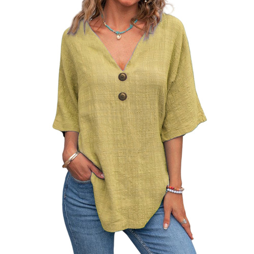 2025 New Women's Foreign Trade Cross-Border Casual V-Neck Short Sleeve Regular Crew Neck Multi-Color Button Up Top