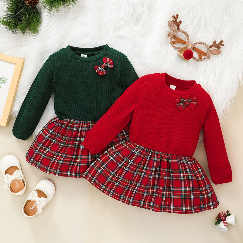 3-color New Autumn Long-sleeved Round Neck Lattice Bow Stitching Christmas Girls Dress display picture 10