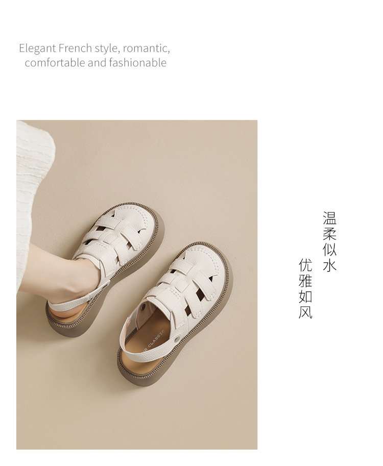 Sandal bít mũi đế dày phong cách La Mã nữ, quai chữ V — AB16N be đen chi tiết 13