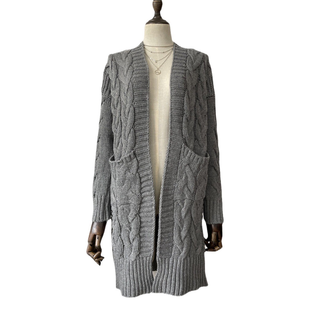 Aguja gruesa de las mujeres europeas y americanas transfronterizas Otoño e Invierno de las mujeres color sólido suelto más tamaño doble bolsillo Twist sweater cardigan Coat