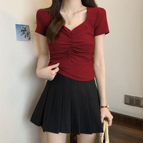 Ladies' sleeveless t-shirt with square neck, short style, tight fit, summer, high-waisted, showing navel, pleated large collar top