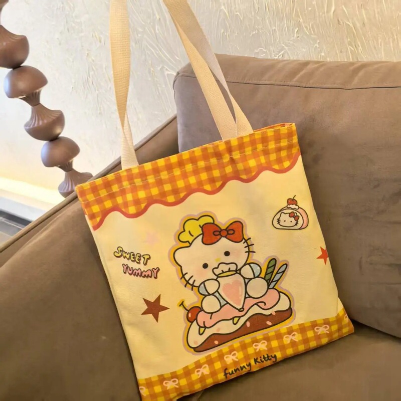黄色のチェック柄ハローキティキャンバスバッグかわいいハンドバッグお出かけトートバッグ漫画学生通勤大容量|undefined