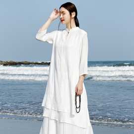 中式女装连衣裙棉麻双层长款禅服茶服会议工作服养生冥想居士打坐