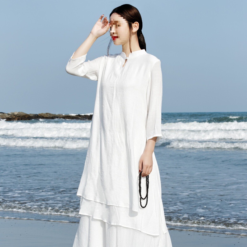 Chinese Women's Dress Cotton and Linen Double-Layer Long Zen Suit Tea Suit Conference Work Clothes Health Meditation Lay Meditation