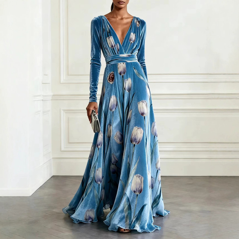 2026 New European and American Cross-Border Women's V-Neck Printed Velvet Long-Sleeve Dress Elegant Waist-Cinching Evening Gown Long Dress 2026 New European and American Cross-Border Women's V-Neck Printed Velvet Long-Sleeve Dress Elegant Waist-Cinching Evening Gown Long Dress