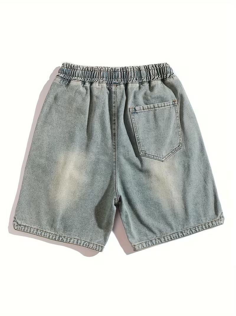 Men's Relaxed Fit Denim Shorts 5-Inch Inseam Drawstring Waist Casual Streetwear Summer Shorts Breathable Cotton Fabric_viptrois.com