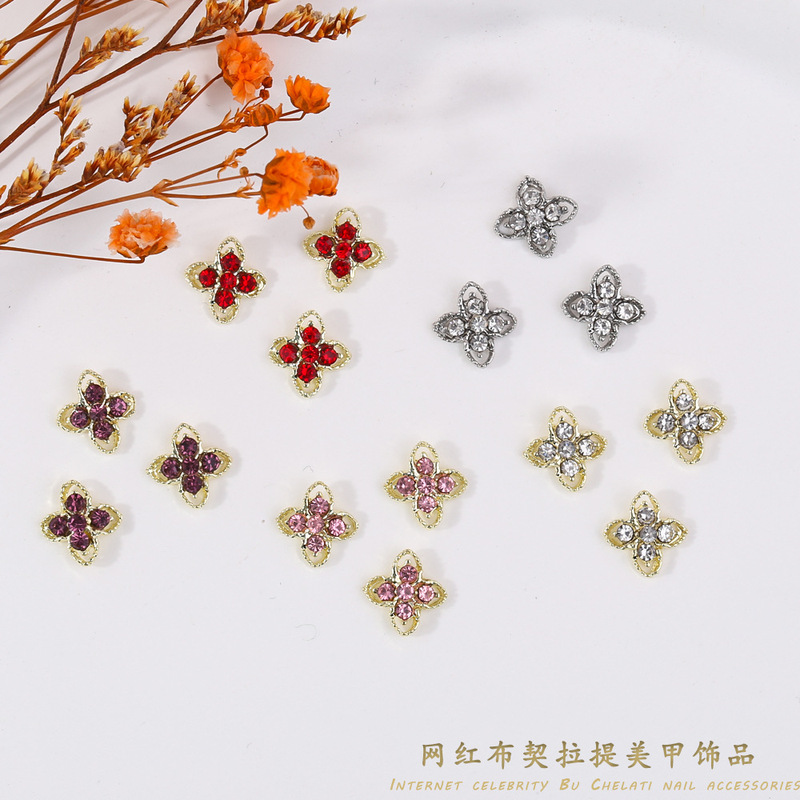 New Manicure Bauhinia Flower Fortune-Telling Alloy Jewelry Retro Colorful Four-Leaf Clover Cut Out Diamond Nail Accessories
