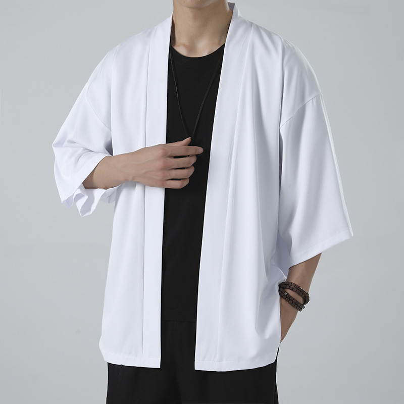Verano estilo chino de tres cuartos de manga fina de seda de hielo ropa de protección solar más tamaño pareja casual color sólido capa para hombres
