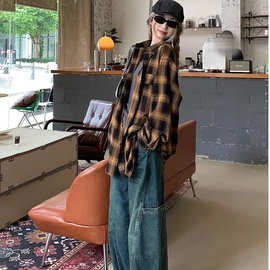 美式复古宽松格子衬衫外套女中长款慵懒风衬衣磨毛高级感初夏上衣