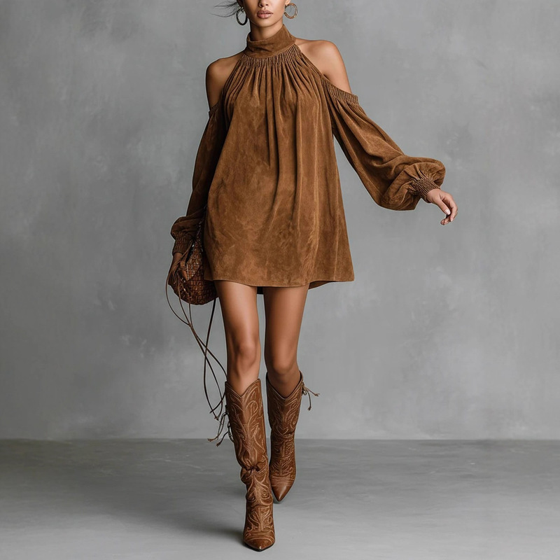 2025 Independent Station European and American Fashion Elegant Half Turtleneck Halter Dress Suede Lantern Sleeve Off-Shoulder Mini Skirt