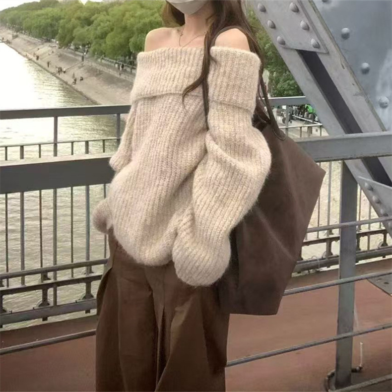 Gentle Style One-Shoulder Off-Shoulder Thick Pullover Sweater Women's 2026 Autumn and Winter Korean Style Soft Knitwear Outerwear Top