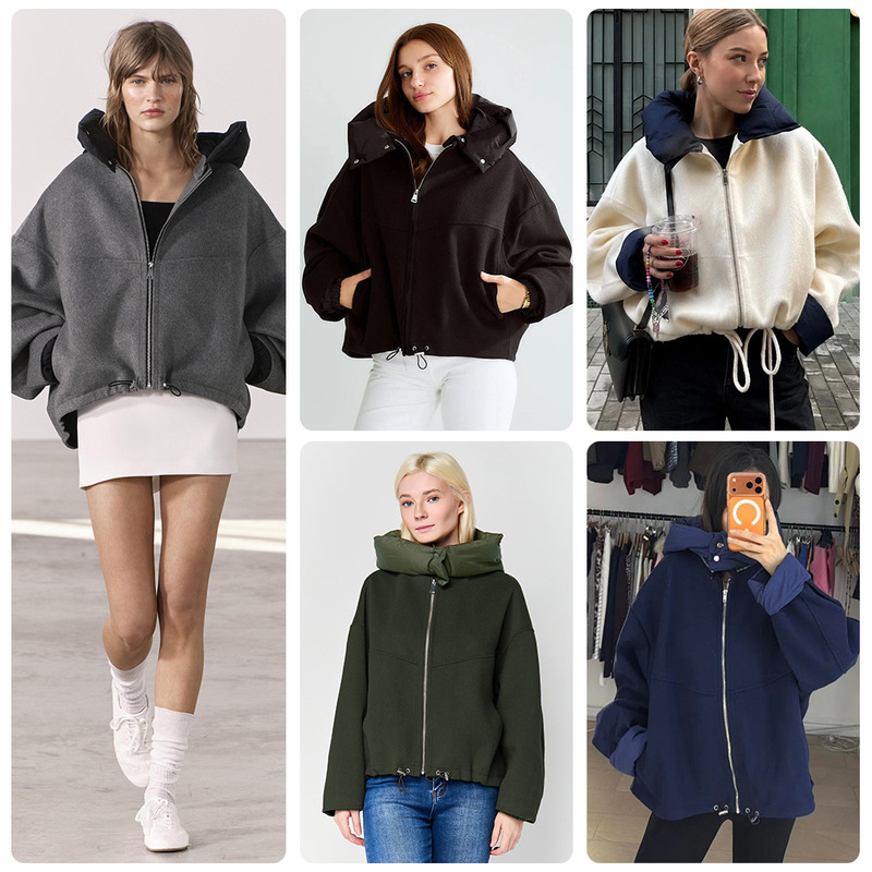 Women's Woolen Coat for Petite Sizes, Zip-Up Style with Detachable Hood, Double-Sided Wool, Loose Short Jacket Women's Woolen Coat for Petite Sizes, Zip-Up Style with Detachable Hood, Double-Sided Wool, Loose Short Jacket
