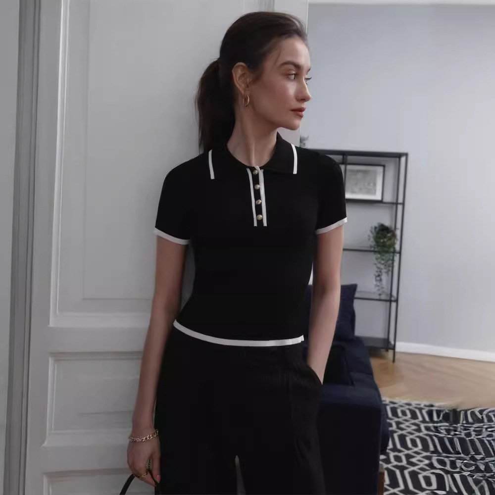 ヨーロッパとアメリカの半袖ラペルトップスニットタイトコントラストカラースタイルニットセータークロスボーダーOZONアマゾンTシャツ在庫あり