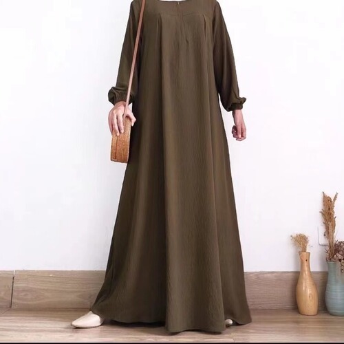 Eastern Pure Color Long Sleeve Zipper Crew Neck Dress Muslim Long Skirt Factory Wholesale Elegant