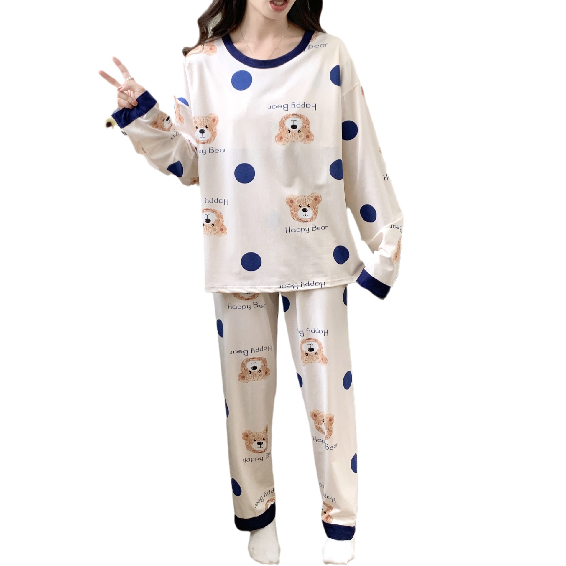 Oso de dibujos animados pijamas las mujeres artificiales algodón cuello redondo pullover manga larga otoño e invierno con almohadilla en el pecho dulce chica desgaste en casa traje