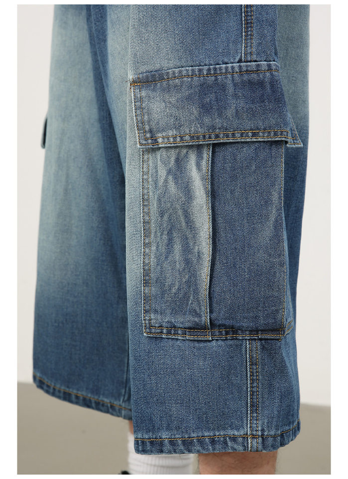 Quần short jean nam ống rộng nhiều túi phong cách hip-hop đường phố, quần lửng mùa hè — Màu xanh lam, Xanh lam làm cũ, Xanh lam nhạt chi tiết 9