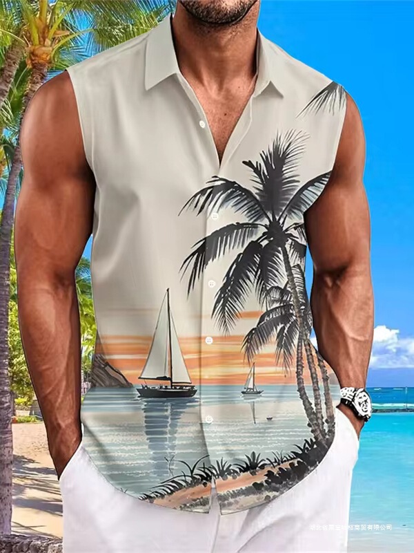 Hawaiian Men's Shirt with Coconut Print, Turn-Down Collar, Sleeveless Top, Beach Vacation Style Shirt, Fashionable Men's Wear