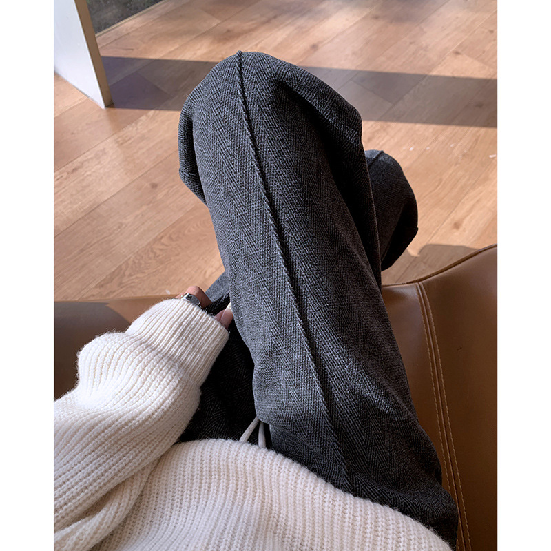 Women's High-Waisted Wool Trousers With Fleece Lining - Straight Leg Herringbone Wide-Leg Pants For Winter (Beige, Charcoal)_voghion.com