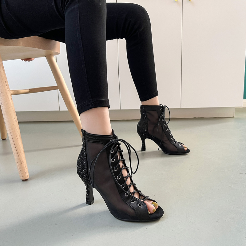 2026 Foreign Trade European and American Fashion Fish-Mouth Thin-Heeled Lace-Up Cut-Out Short Boots Sexy Black Large Size Mesh High-Heeled Sandals