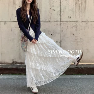 白色蛋糕裙女春季2026新款高腰a字不规则半裙中长款蕾丝半身裙子