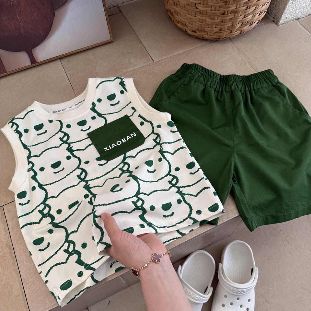 Boys Cartoon Vest Suit Summer 2025 New Kidsren's Clothing Foreign Style Korean Style Loose Thin Sleeveless Two-Piece Set
