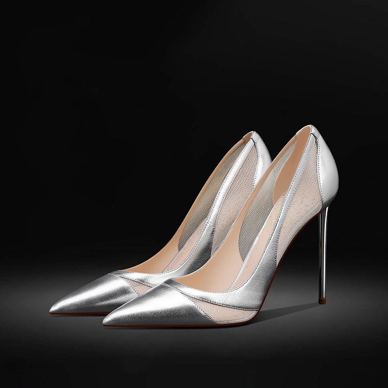 Ins Genuine Leather Breathable Mesh High Heels 2025 New Sexy Pointed Toe Stiletto Heels Wide Feet Elegant Flats for Women