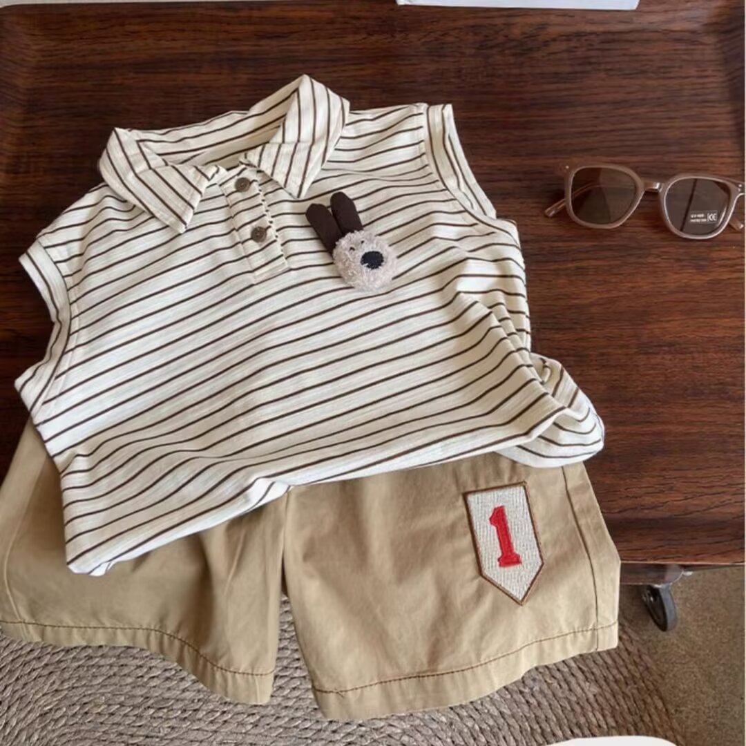 Boys' suit Summer New Children's Western-style Striped Sleeveless Lapel Top Baby's All-match Trendy Pants Two-piece Set