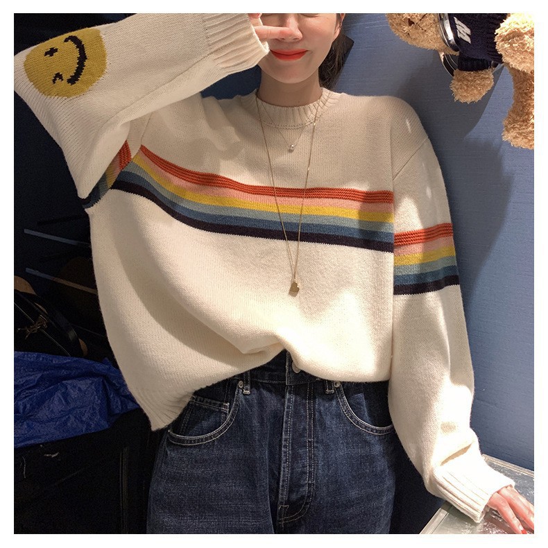 2023 Otoño e Invierno Nuevo Arco Iris rayas diseño estilo coreano ropa casual con cara sonriente cuello redondo suéter moda estilo Perezoso image 6