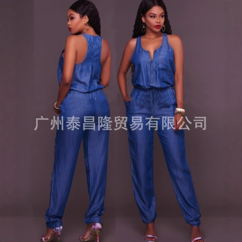 Amazon European and American Foreign Trade Fashion Slim Casual Women's Clothing Waist-Cinching Vest Jumpsuit Wide-Leg Jeans Jumpsuit