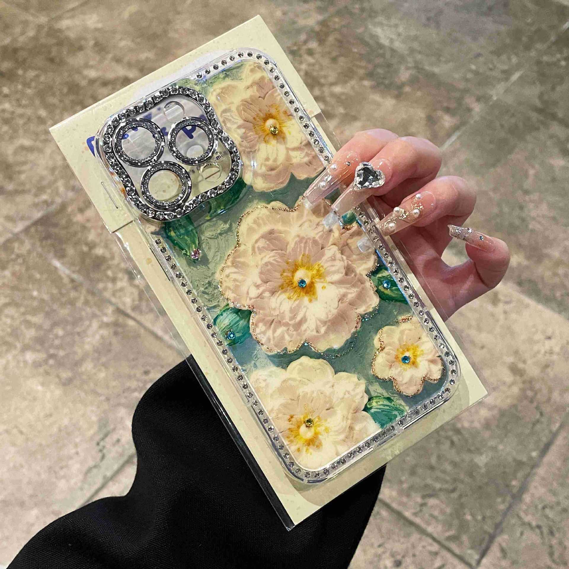 Pintura al óleo retro Flor de brillo 16ProMax Diamante 14 Funda para teléfono móvil Apple 15 Nuevo estilo 13 Blu-ray 16 Mujer