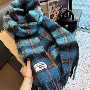 Blue Scarf Women's Autumn and Winter Korean Style Ins Atmosphere Warm All-match Thickened Mahair Plaid Student Scarf