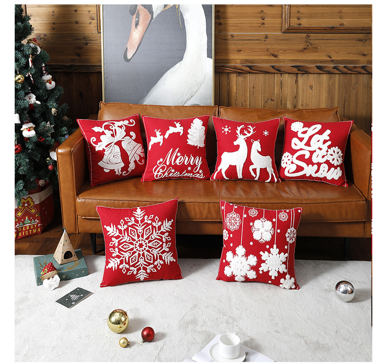 Federa natalizia in puro cotone ricamato Fodera per cuscino natalizio per divano cartone animato alce fiocco di neve Federa natalizia_voghion.com