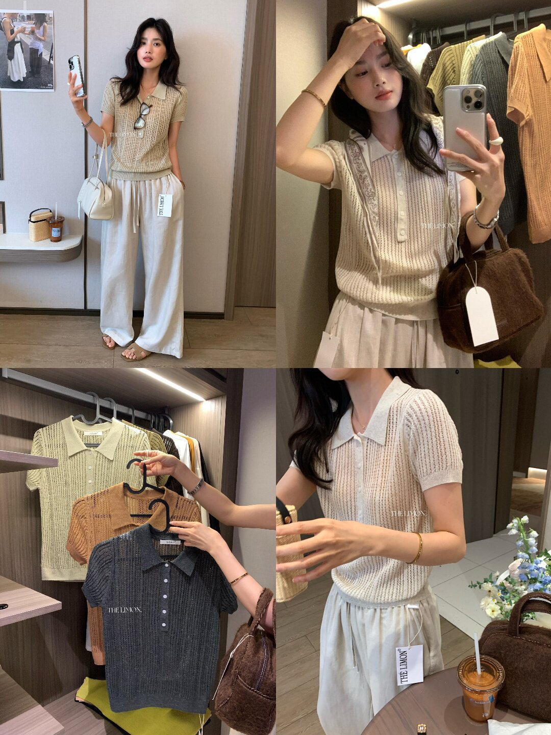 Áo thun polo nữ tay ngắn họa tiết ren Hàn Quốc 2026 mỏng nhẹ — màu nâu, Cà phê, xám đậm, Tên chi tiết 66
