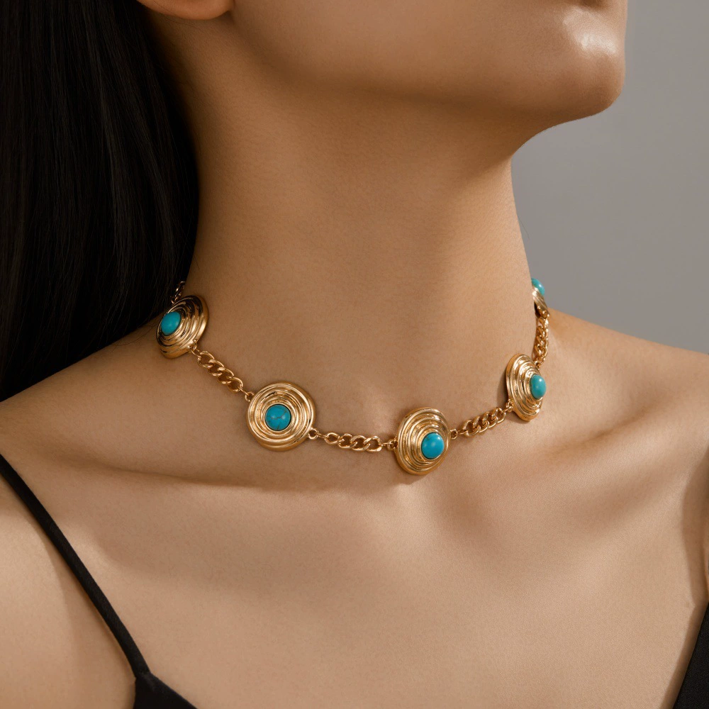 Новая трансграничная золотая цепочка в геометрическом стиле в стиле ретро с бирюзовым кулоном, европейские и американские персонализированные модные аксессуары
