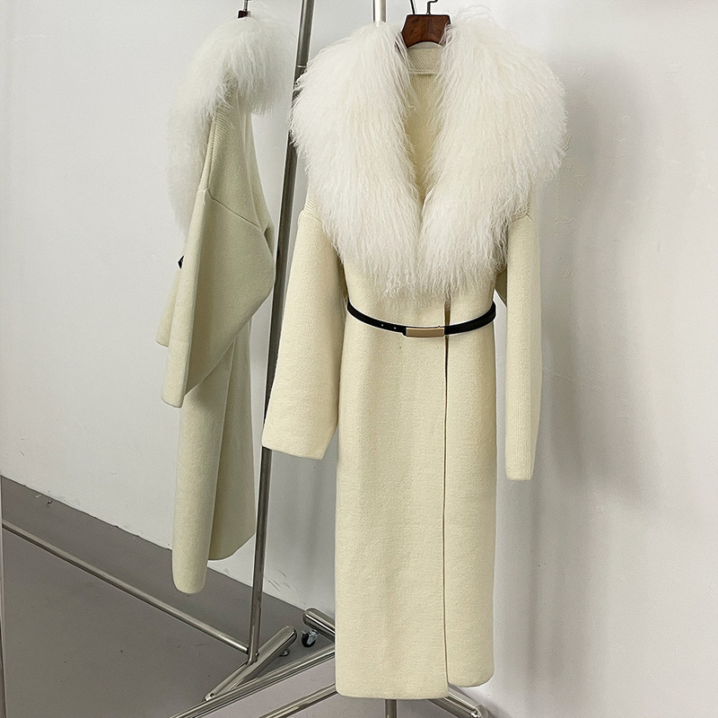 Autumn and Winter 25 Real Beach Wool Collar Over-The-Knee Long Knitted Cardigan for Women Loose Waist Slimming Look Design Sweater Jacket