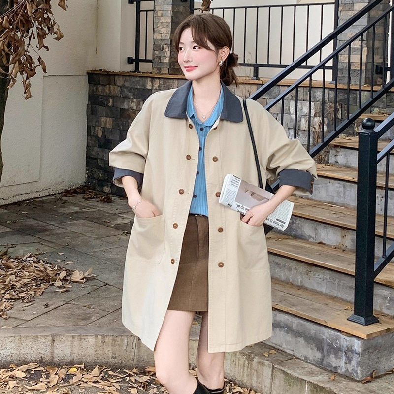 Contrast Color Lapel Khaki Windbreaker Jacket for Women Autumn and Winter 2025 New High-End British Style Slimming Look Outwear