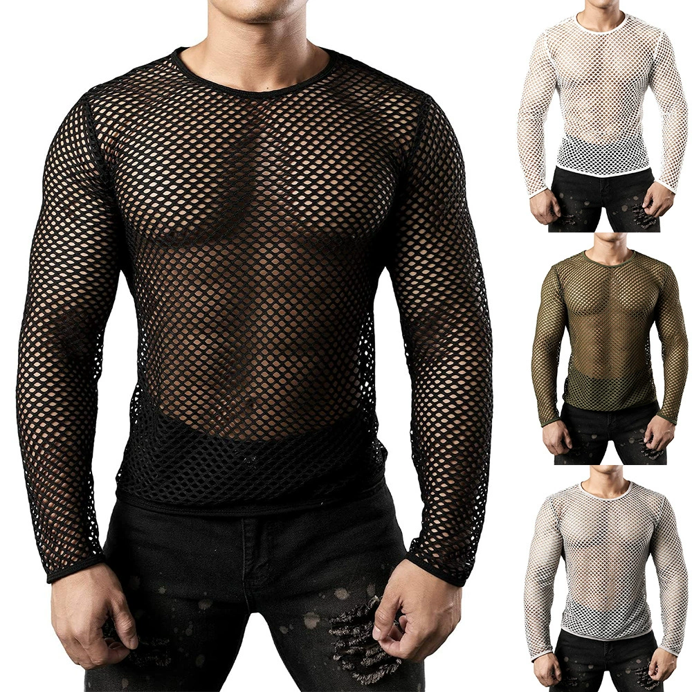 Новый европейский и американский мужской летний полый пуловер с круглым вырезом и длинными рукавами, топ, рыболовная сеть, свободная дышащая блузка больших размеров, мужская одежда