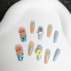 法式豹紋藍色海豚可愛甜甜圈黑皮Kitty穿戴甲長梯形美甲貼片帶鑽