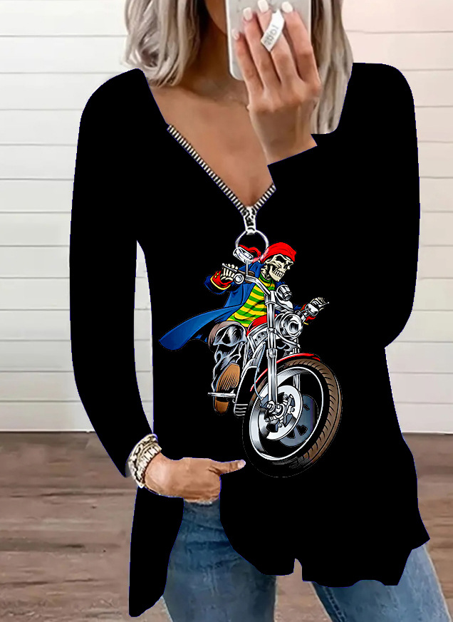 Women's casual fashion V-neck zipper printed long-sleeved tops_voghion.com