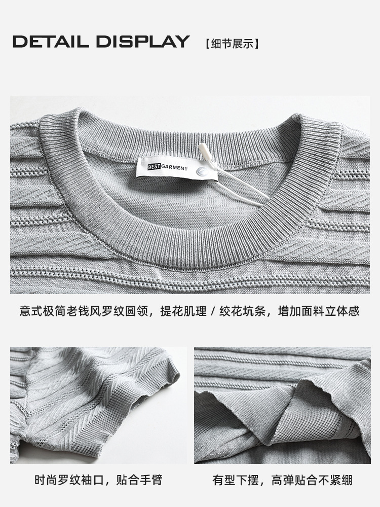 Hombres viejos dinero negocio agujero textura camiseta de punto de seda de hielo para hombre 2026 verano de alta calidad cuello redondo mangas cortas ropa de hombre
