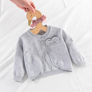 Little Girl Baby Knitted Cardigan Outwear Long-Sleeved Baby Round Neck Spring & Fall Thin Sweater for Girls Pure Cotton Soft