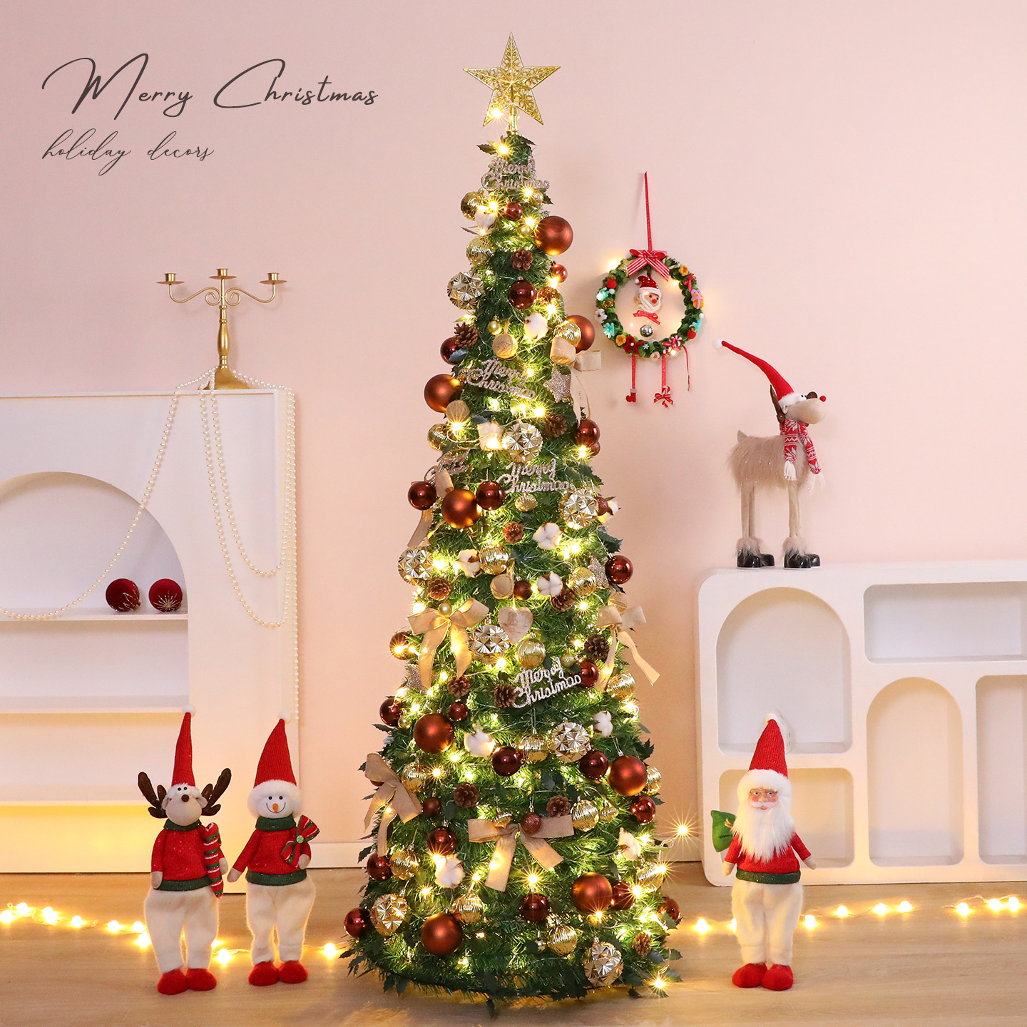 Nueva decoración de Navidad cifrada gran decoración plegable sin instalación retráctil paquete de árbol de Navidad luminoso de lujo