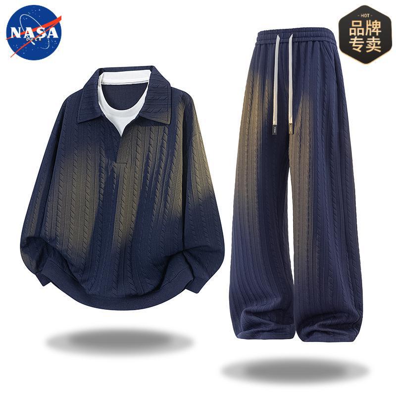 NASA品牌男士大码提花卫衣肌理感套装春秋季宽松高级感卫衣两件套|undefined