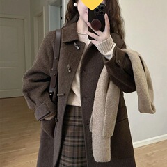 反季咖色牛角扣加厚呢大衣女2025秋冬新款小个子加绒呢外套赫本风