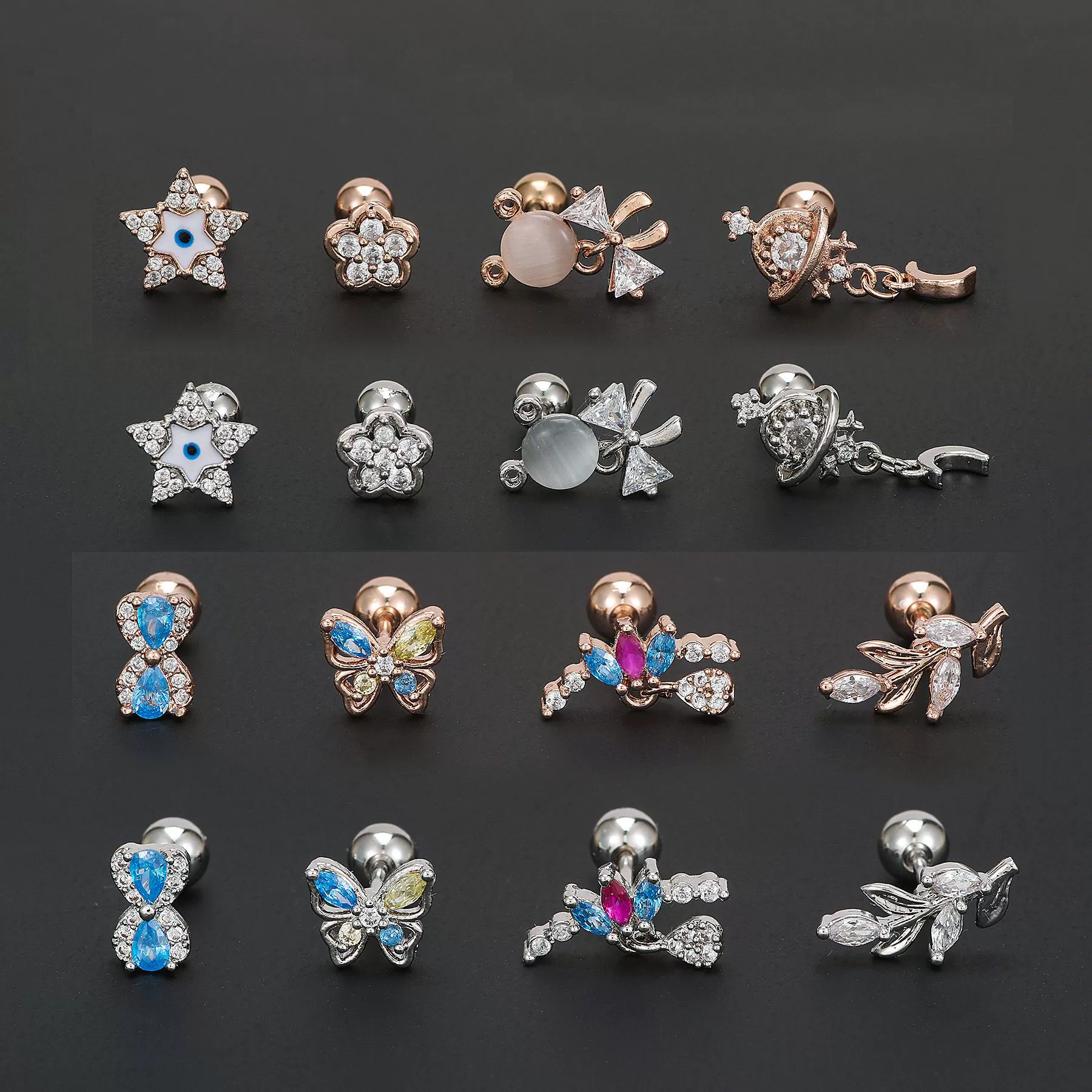 Zirconium, creative cute earrings, piercing with bow stainless steel, (Cross-border trading), micro incrustation