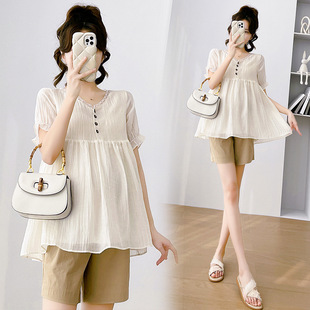 Pregnant Women suit Summer Thin 2024 New Fashion Loose Short-sleeved Top Doll Shirt Shorts Two-piece Summer Dress