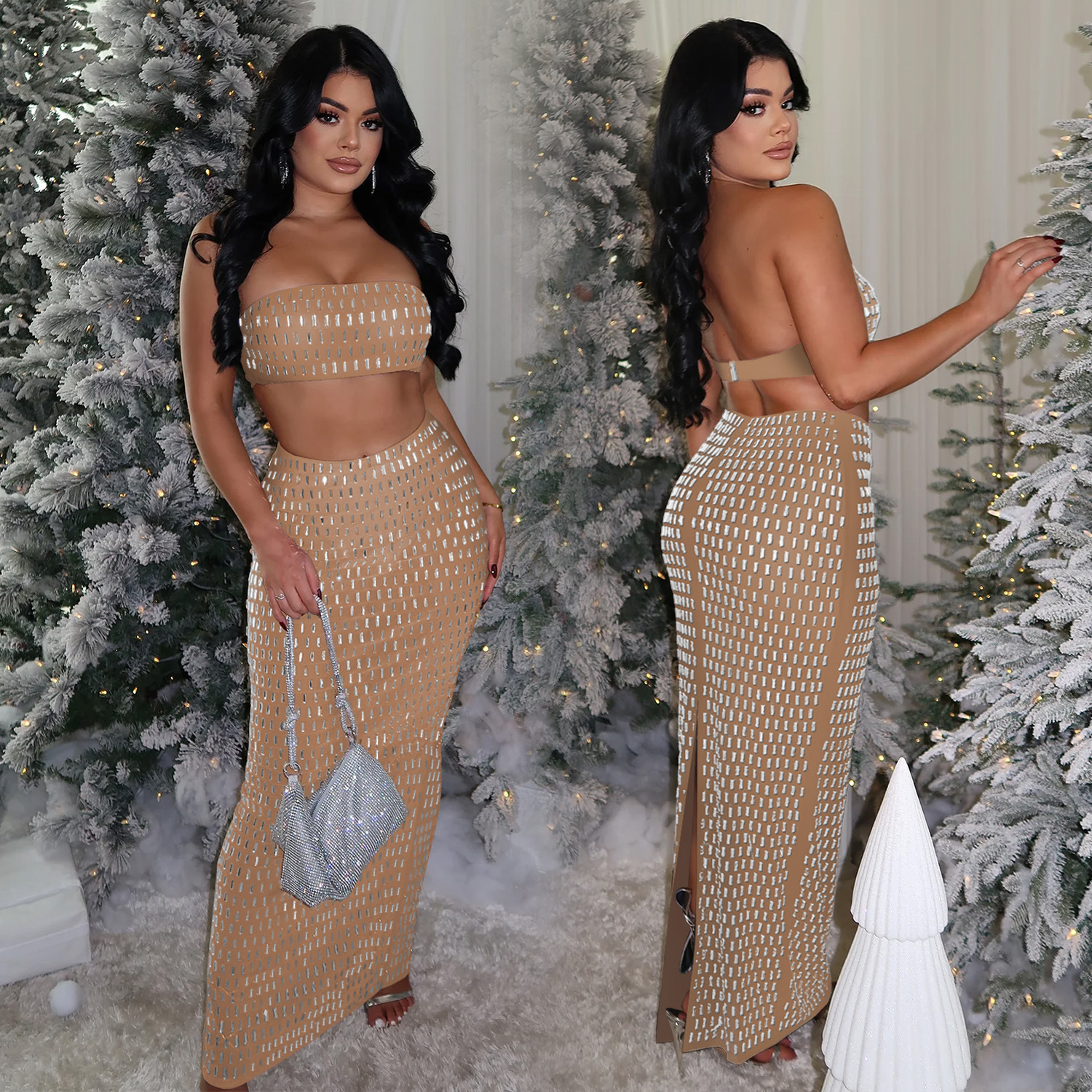 C7222 Cross-border AliExpress Amazon Ropa de mujer de moda europea y americana Traje de tubo sexy Paquete de diamantes calientes Falda de cadera de dos piezas