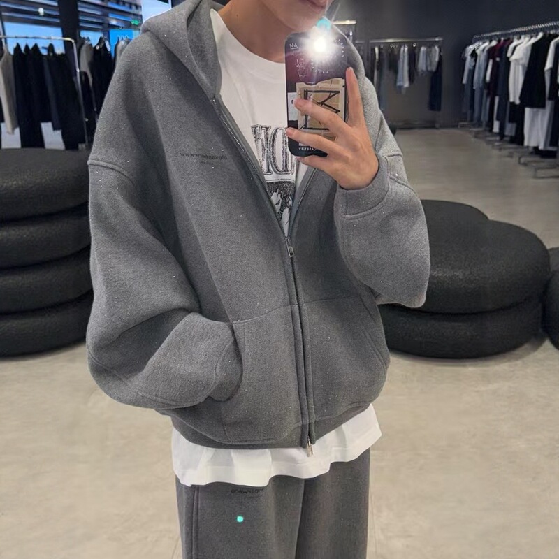 Popular New Style Gray Hot Diamond Hooded Zipper Sweatshirt Jacket Women's Loose Cardigan Autumn and Winter Cotton Jacket