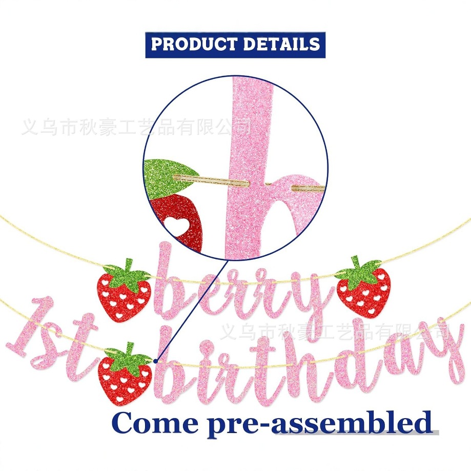 Fiesta de cumpleaños, tirar de la bandera, dar la bienvenida al bebé, primer cumpleaños del bebé, fiesta con tema de fresa, flasher, bandera